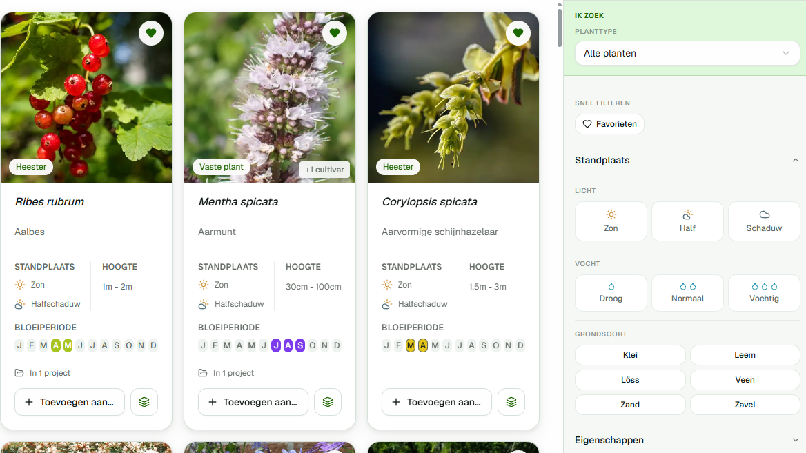 Zoek en filter planten